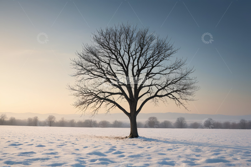 高清大图下载【趣麦麦图】雪地中孤独的光秃树木