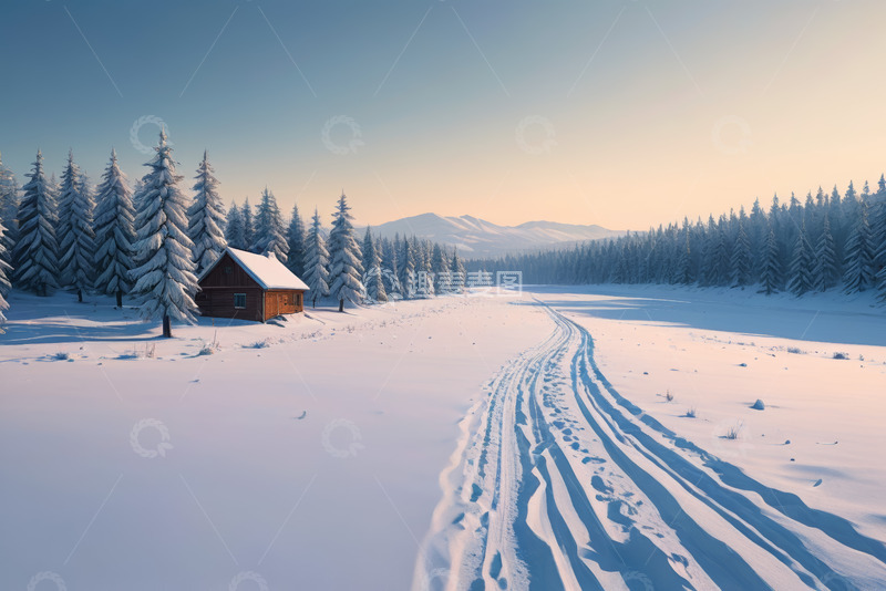 高清大图下载【趣麦麦图】雪地林间小屋冬日风景