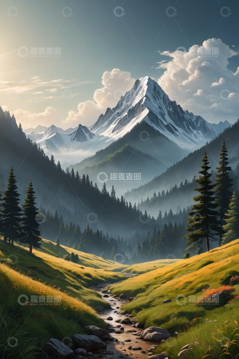 高清大图下载【趣麦麦图】山间草地溪流与雪山风景