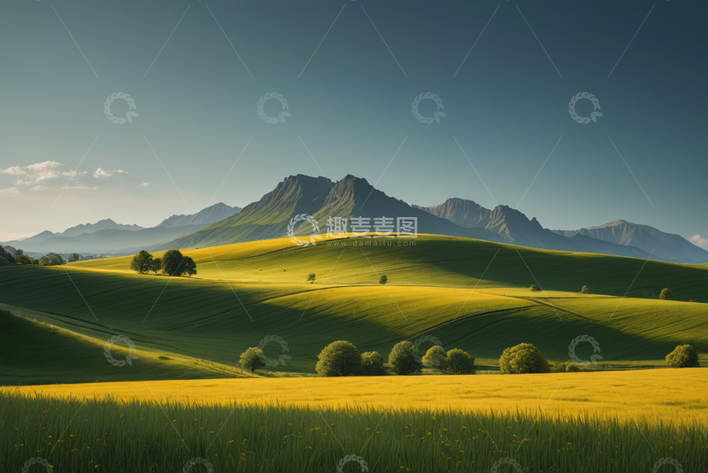 高清大图下载【趣麦麦图】黄绿相间田野与远山景观