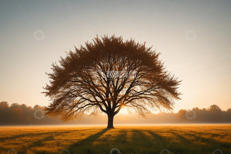 高清大图下载【趣麦麦图】田野中孤树立于日出时分