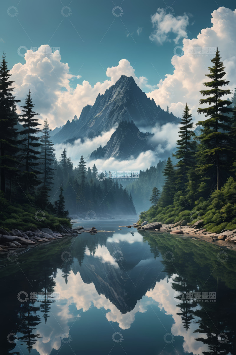 高清大图下载【趣麦麦图】山林间平静湖水与远处山峰