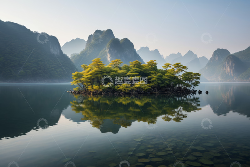 高清大图下载【趣麦麦图】山水间湖心岛自然风光