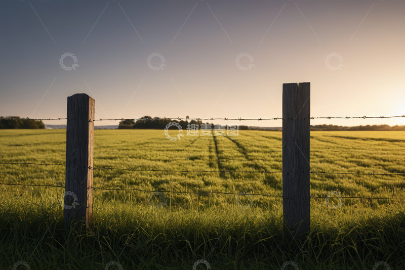 高清大图下载【趣麦麦图】夕阳下田野围栏景观