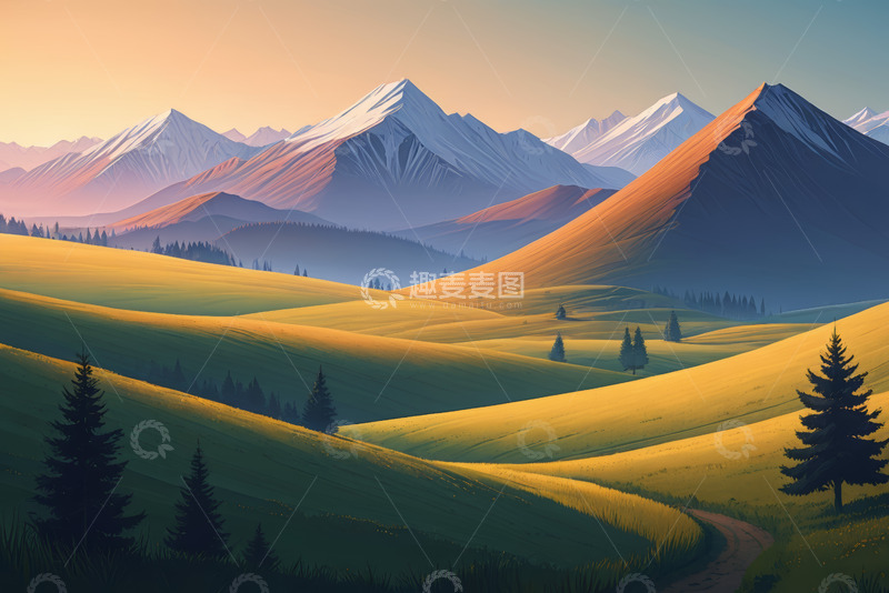 高清大图下载【趣麦麦图】山间草原与雪山风景