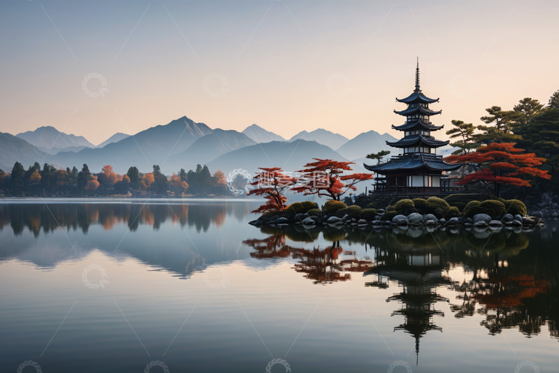 高清大图下载【趣麦麦图】湖畔古亭秋日山水风景