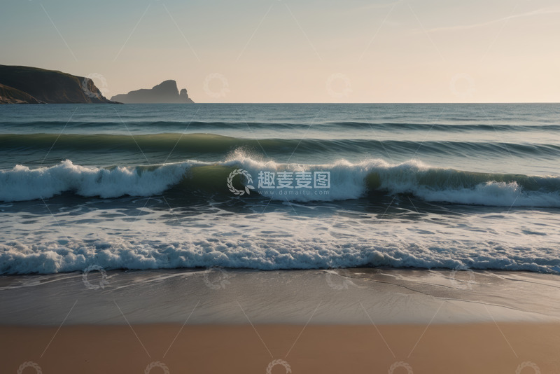 高清大图下载【趣麦麦图】海滩海浪与远处山峦景观