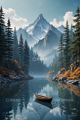 山林间湖泊上的小船风景