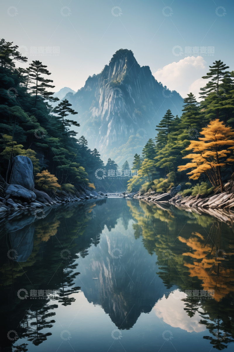 高清大图下载【趣麦麦图】山林间宁静的河流风光