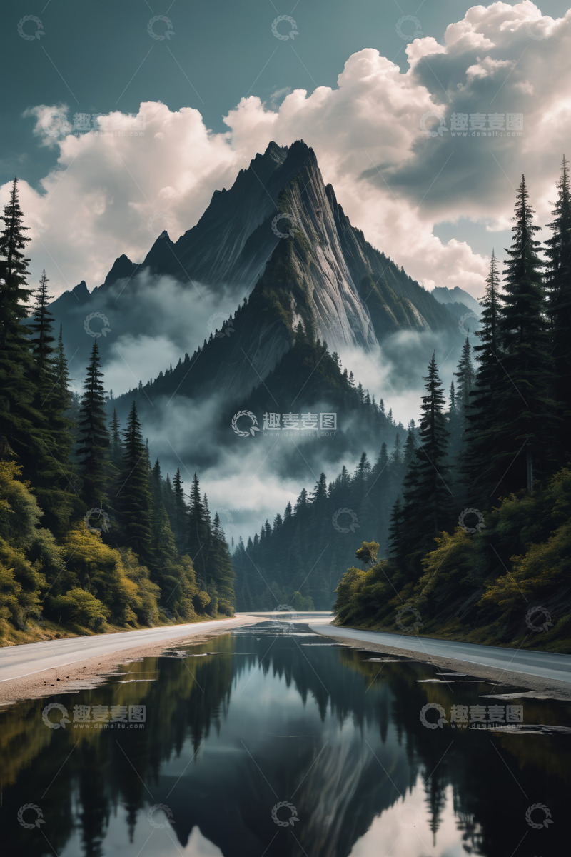 高清大图下载【趣麦麦图】山间公路旁森林与巍峨山峰