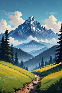山间草地与远处雪山风景