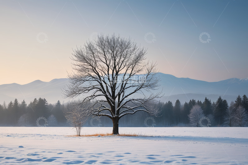 高清大图下载【趣麦麦图】冬日雪地中的孤树与远山