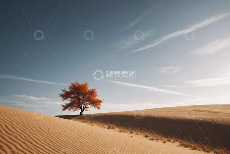 高清大图下载【趣麦麦图】沙漠中孤树立于沙丘之上