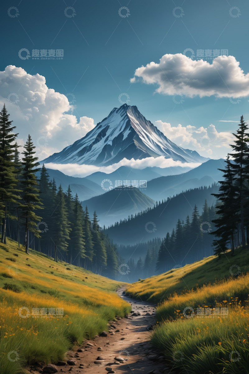 高清大图下载【趣麦麦图】山间森林与远处雪山风景