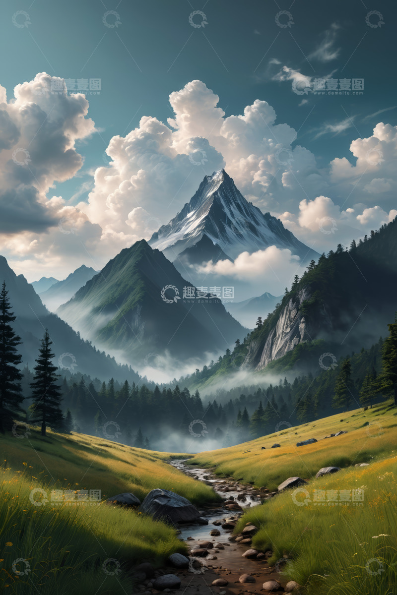 高清大图下载【趣麦麦图】山间草地溪流与云雾缭绕山峰