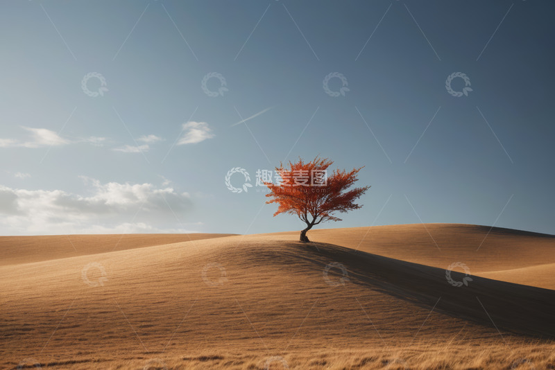 高清大图下载【趣麦麦图】沙漠中孤树立于蓝天白云下