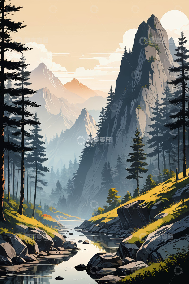 高清大图下载【趣麦麦图】山林间的河流与茂密森林景观