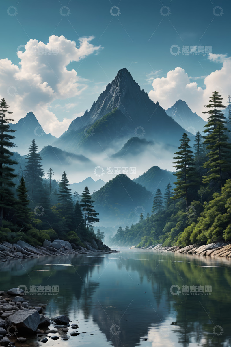 高清大图下载【趣麦麦图】山林湖泊自然风光全景