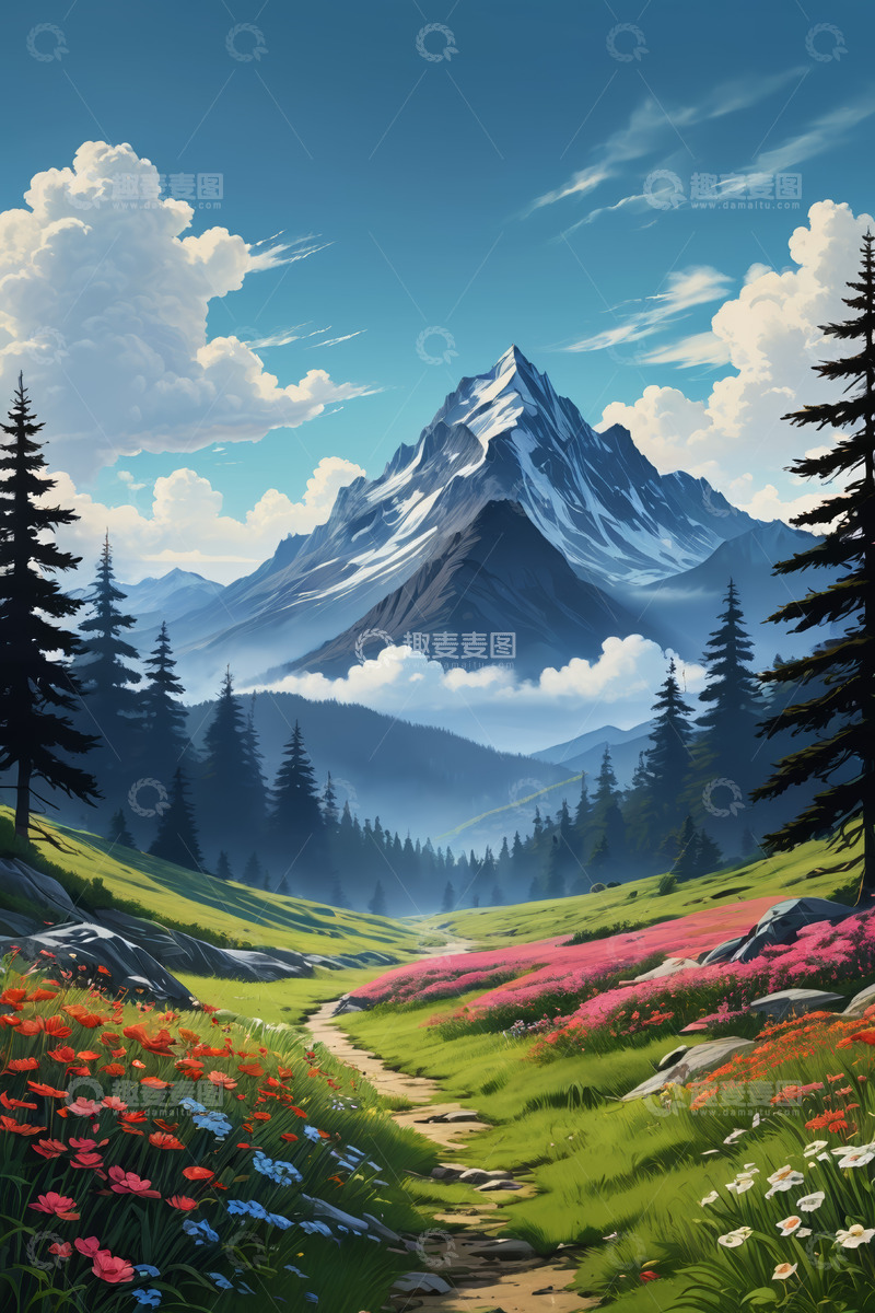 高清大图下载【趣麦麦图】山间花海与松林风景