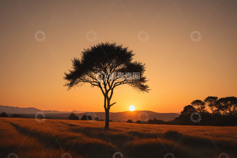 高清大图下载【趣麦麦图】旷野单棵树日落景象