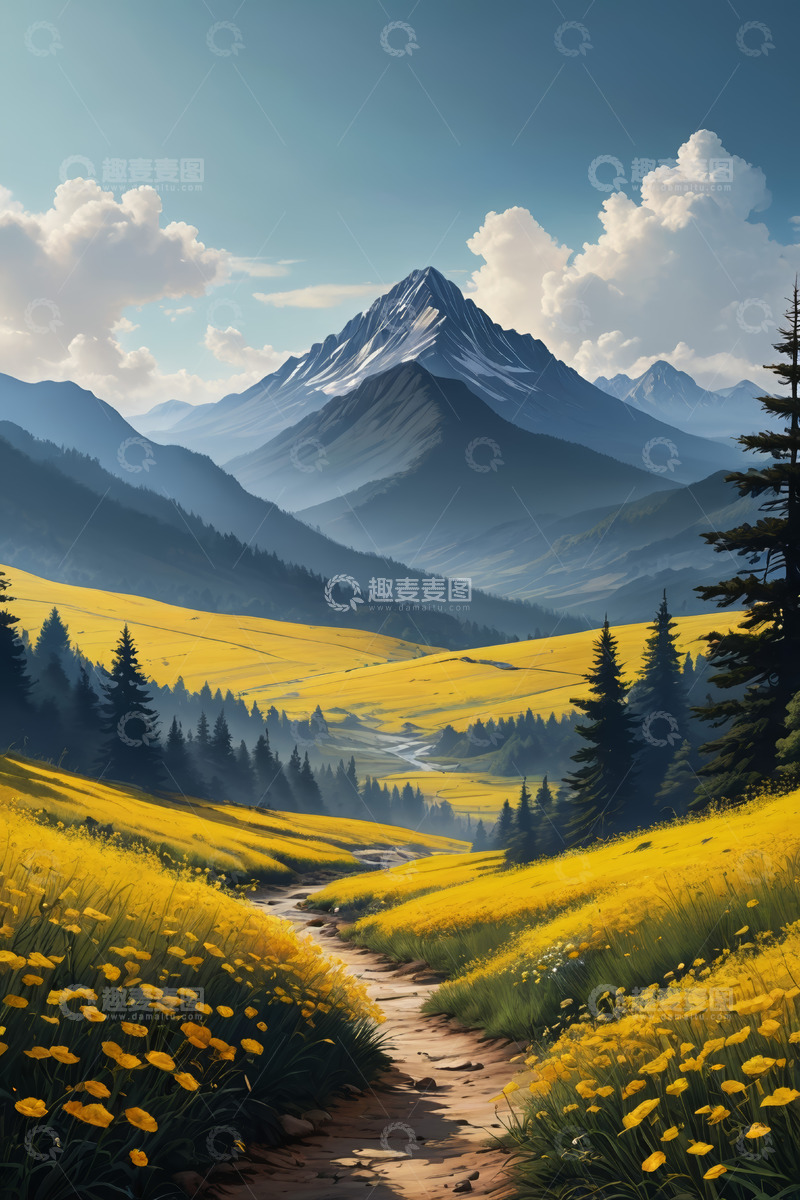 高清大图下载【趣麦麦图】山间黄色花海与远处雪山风景