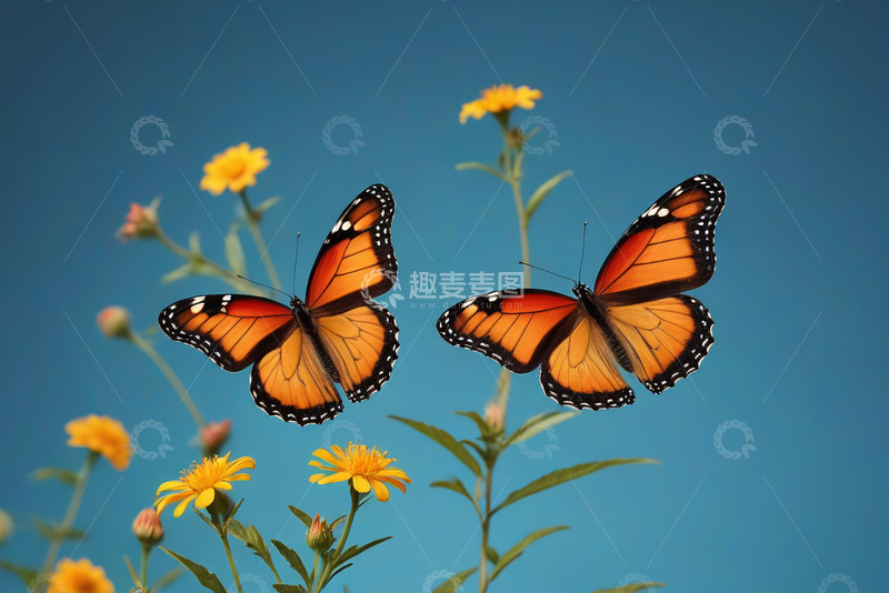 高清大图下载【趣麦麦图】双蝴蝶于黄花旁飞舞场景