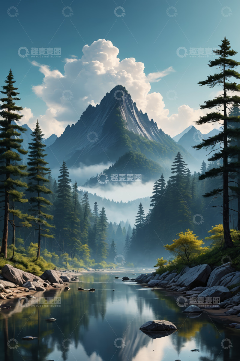 高清大图下载【趣麦麦图】山林间河流自然风光景象