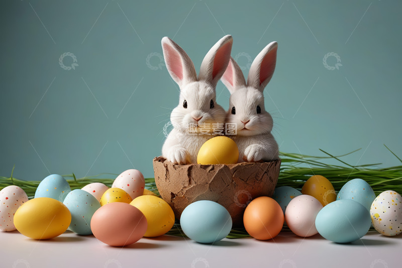 高清大图下载【趣麦麦图】复活节双兔与彩蛋装饰素材