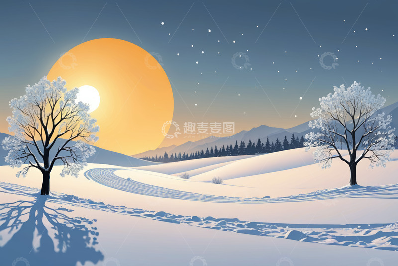 高清大图下载【趣麦麦图】冬日雪景中树木与落日景观