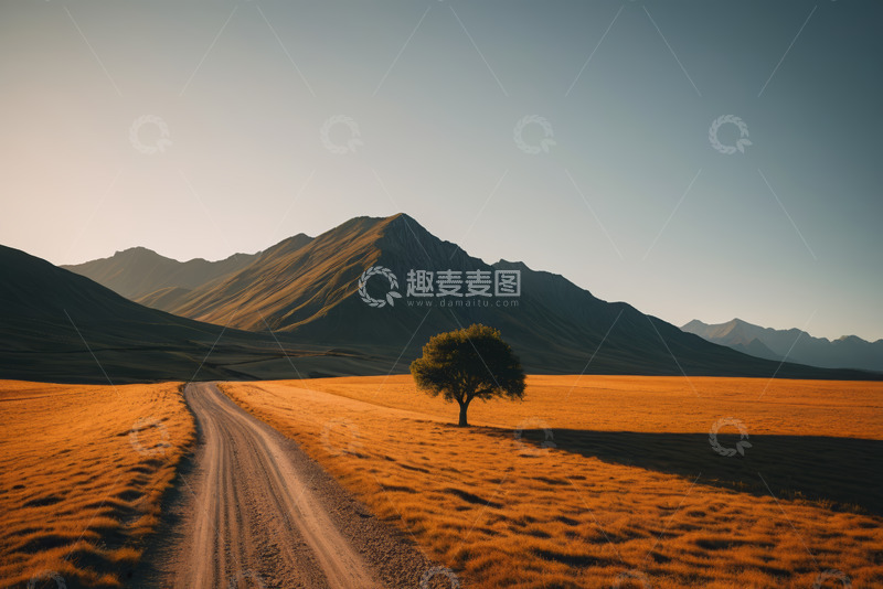 高清大图下载【趣麦麦图】旷野中孤树与蜿蜒道路景观