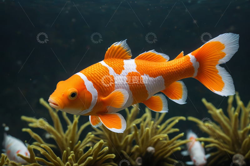 高清大图下载【趣麦麦图】水中游动的橙白相间观赏金鱼