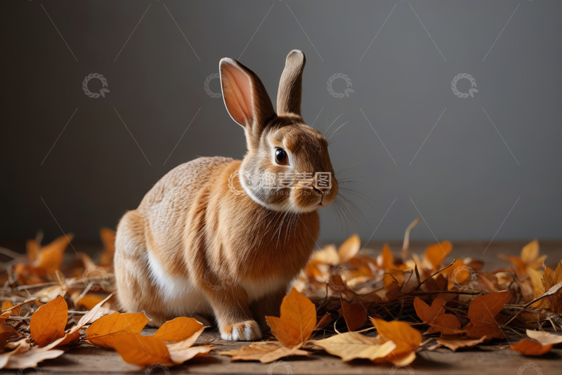 高清大图下载【趣麦麦图】棕色兔子坐于落叶之上