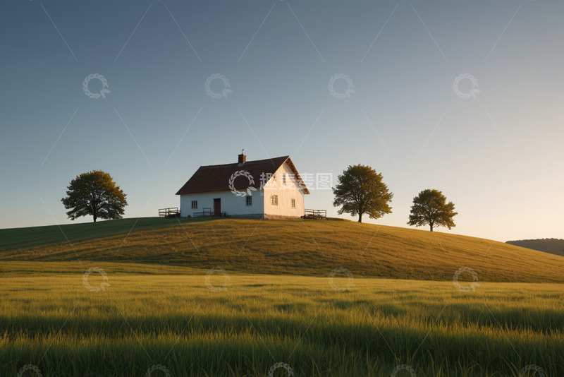 高清大图下载【趣麦麦图】草原上的白色小屋与树木