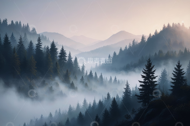 高清大图下载【趣麦麦图】山林晨雾中的茂密森林景观