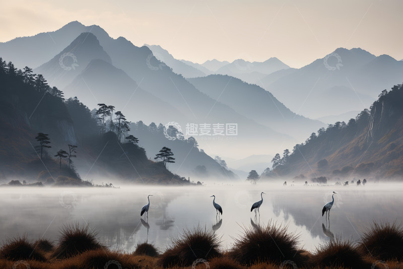 高清大图下载【趣麦麦图】山间湖泊上的鹤群风景
