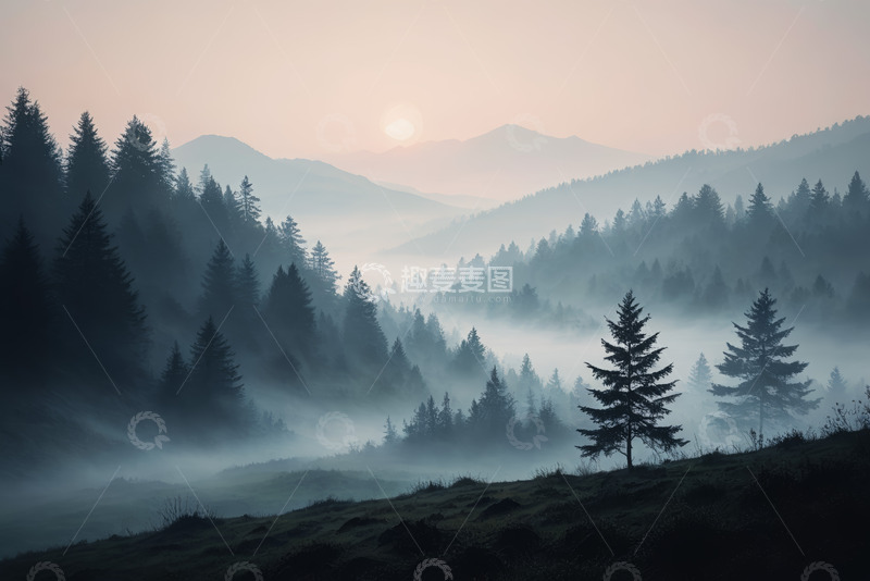 高清大图下载【趣麦麦图】山林晨雾中的日出景观