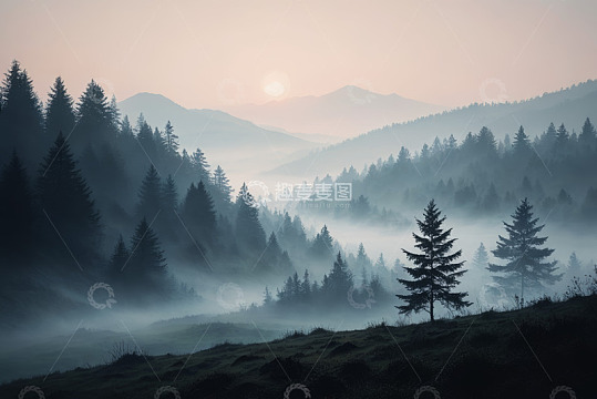 山林晨雾中的日出景观