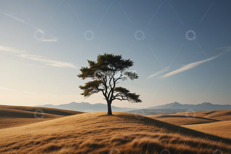 高清大图下载【趣麦麦图】旷野中孤树与远山景观