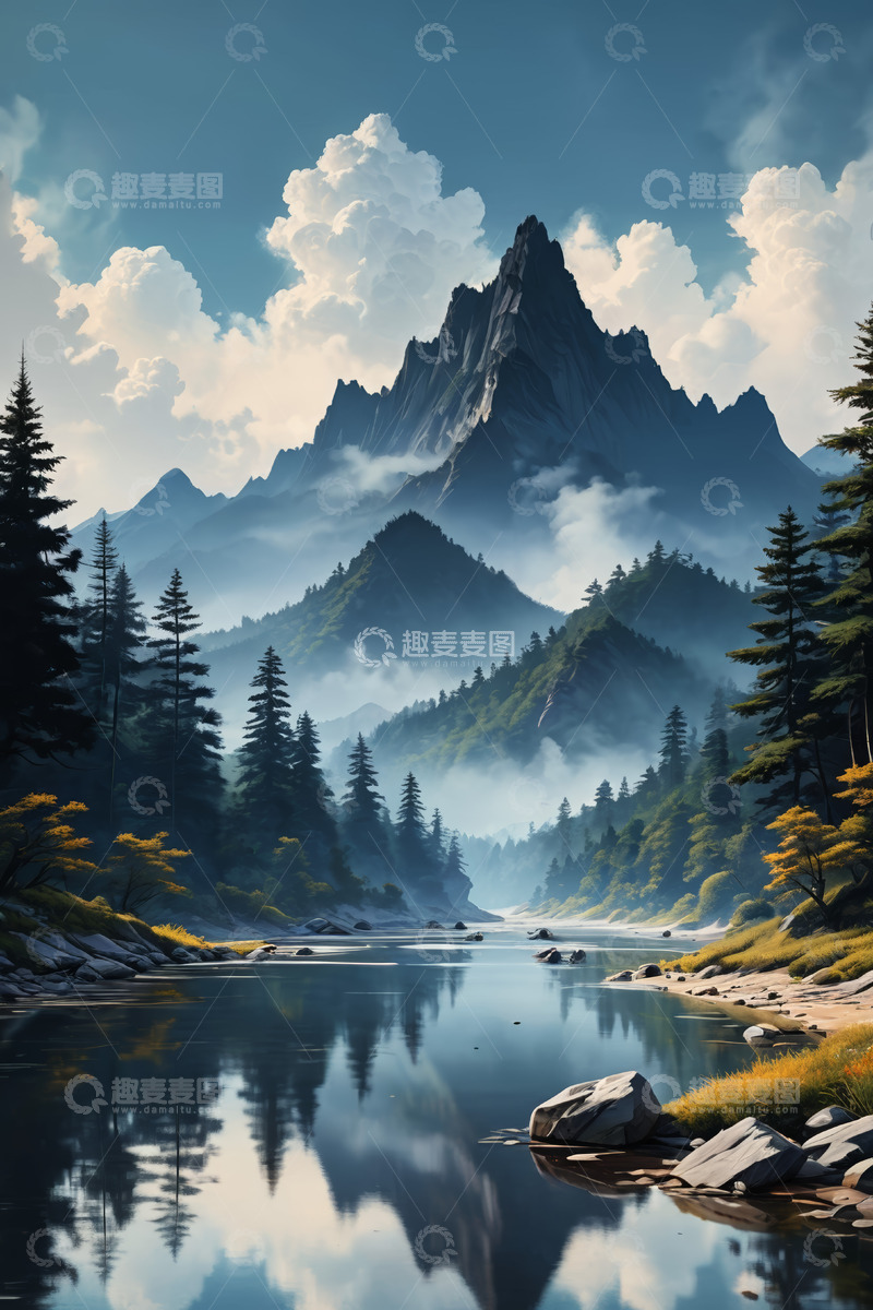 高清大图下载【趣麦麦图】山林湖泊自然风光全景