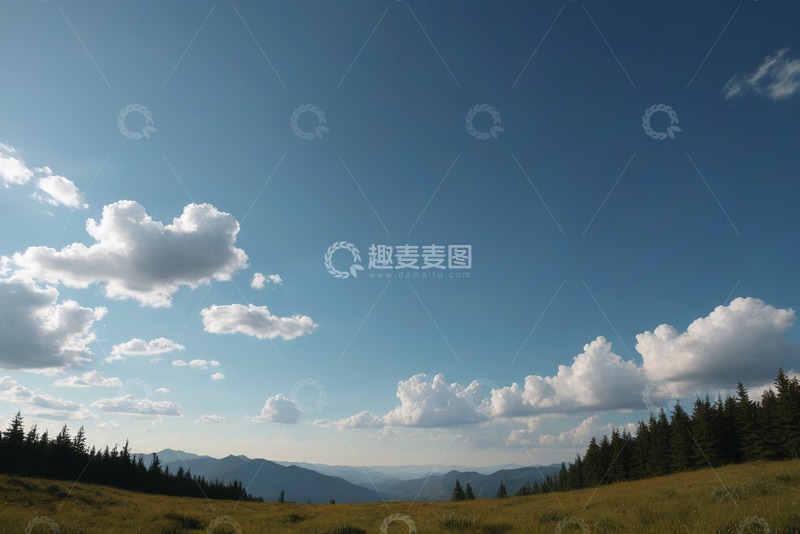高清大图下载【趣麦麦图】蓝天白云下的山林草地景观