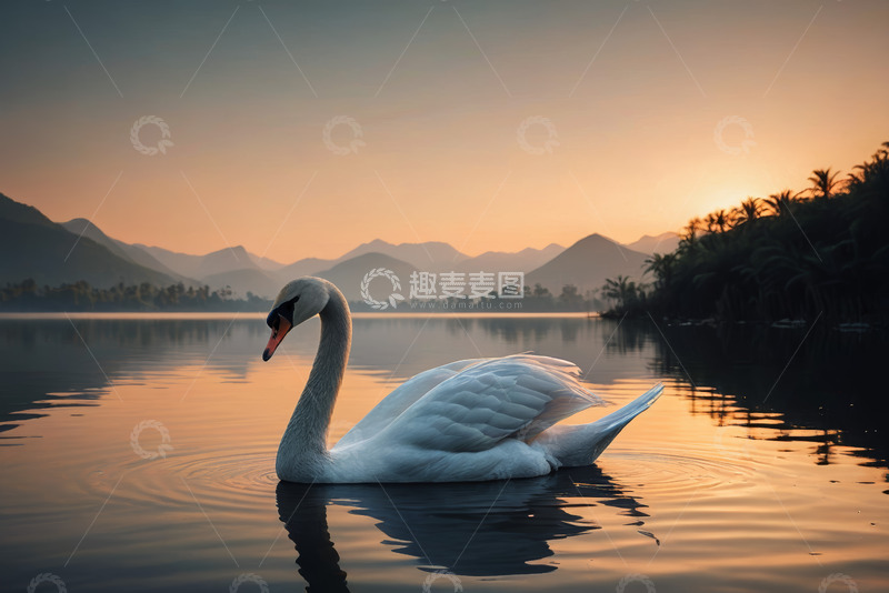 高清大图下载【趣麦麦图】湖面天鹅夕阳下悠然游弋