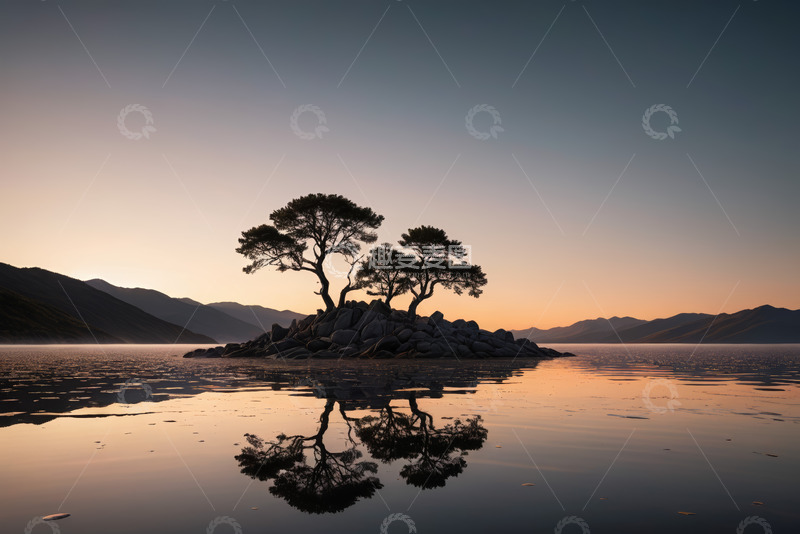 高清大图下载【趣麦麦图】湖心小岛树木与山水风景