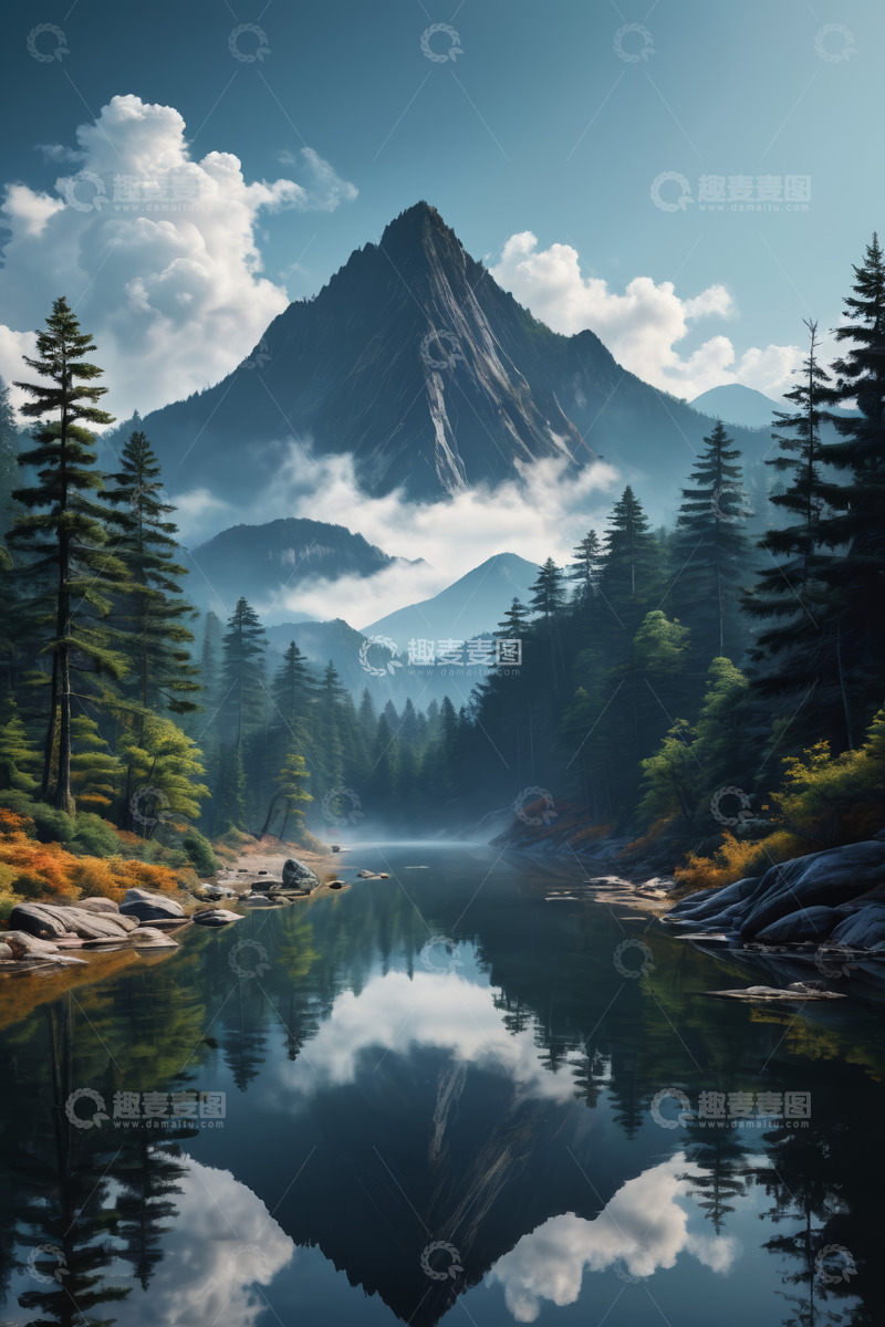 高清大图下载【趣麦麦图】山林间宁静湖泊与巍峨山峰