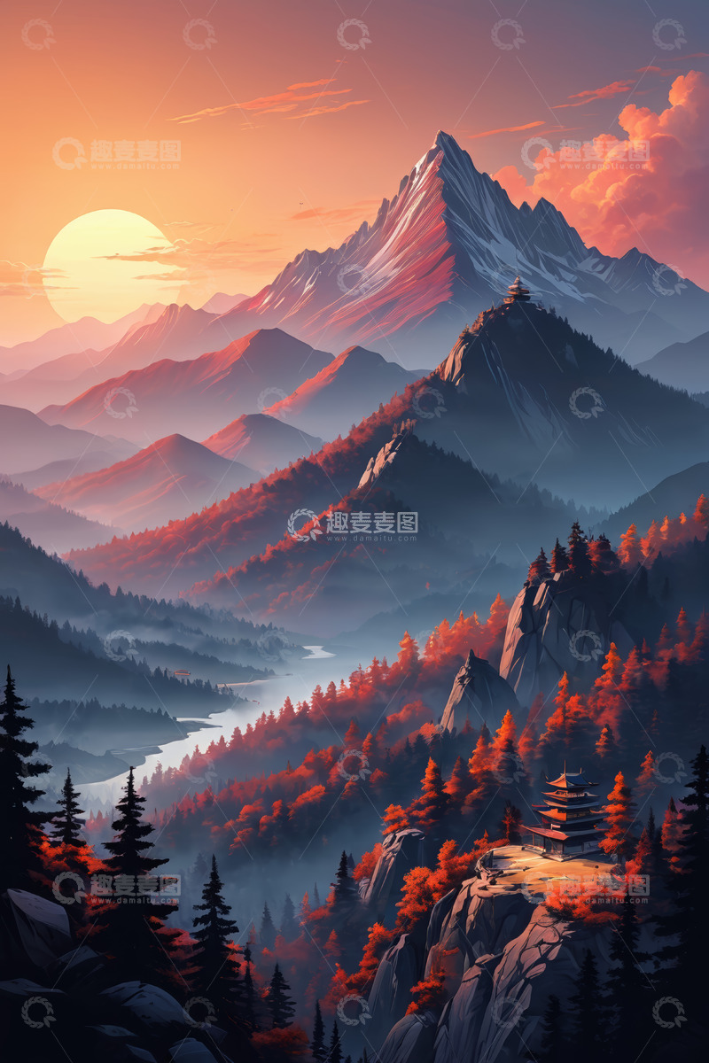 高清大图下载【趣麦麦图】夕阳下的山峦与林间建筑