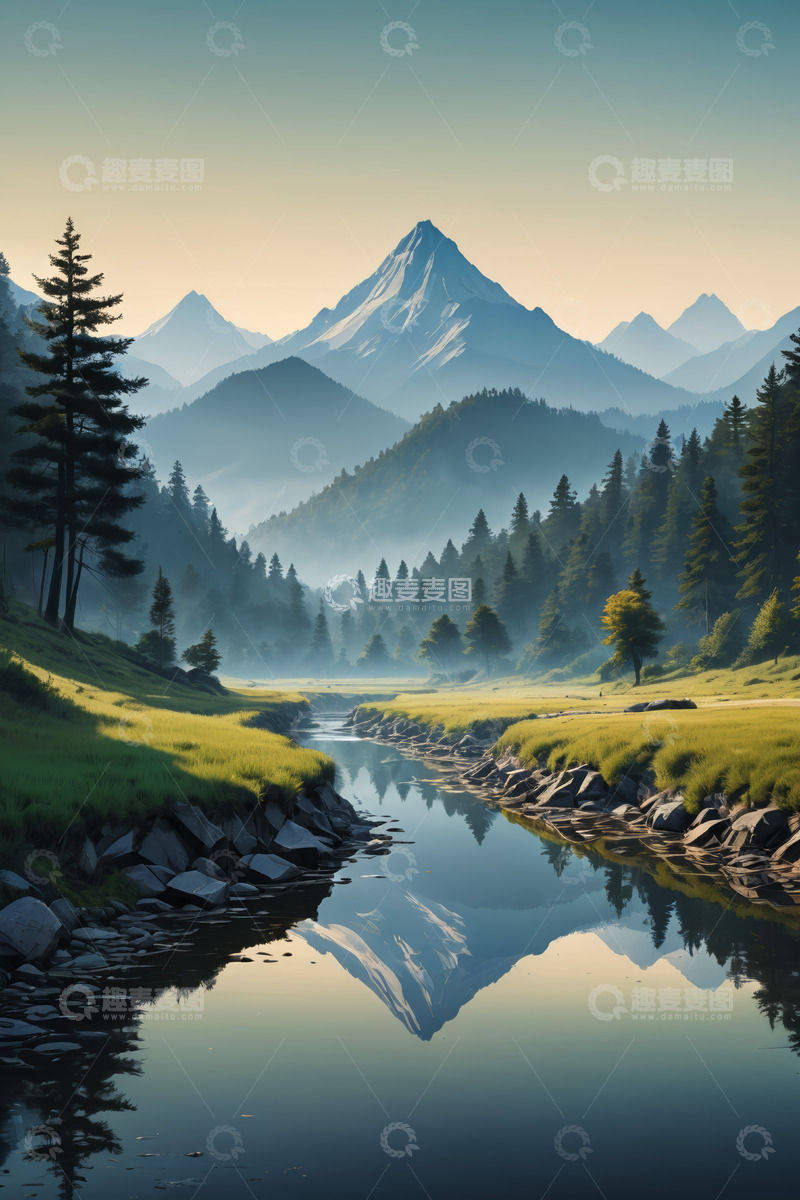 高清大图下载【趣麦麦图】山林间河流与远山风景