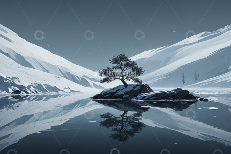 高清大图下载【趣麦麦图】雪山湖泊孤树自然风光