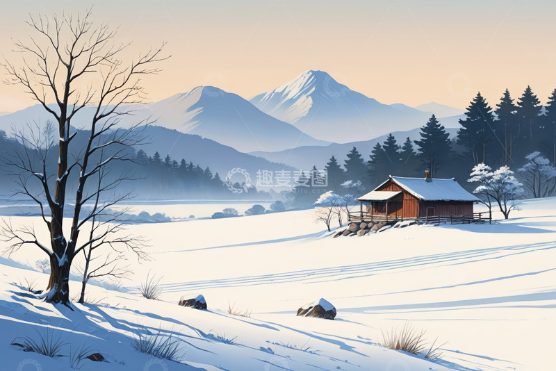 高清大图下载【趣麦麦图】雪中山间木屋自然风光
