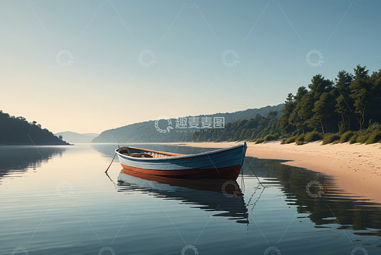 湖边停泊的蓝红相间小船