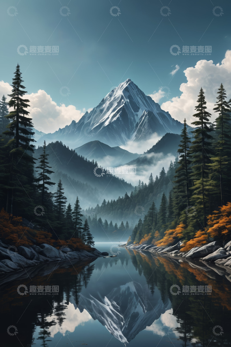 高清大图下载【趣麦麦图】山林湖泊与雪山自然风光
