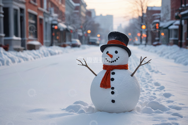 高清大图下载【趣麦麦图】街道上戴着围巾的雪人